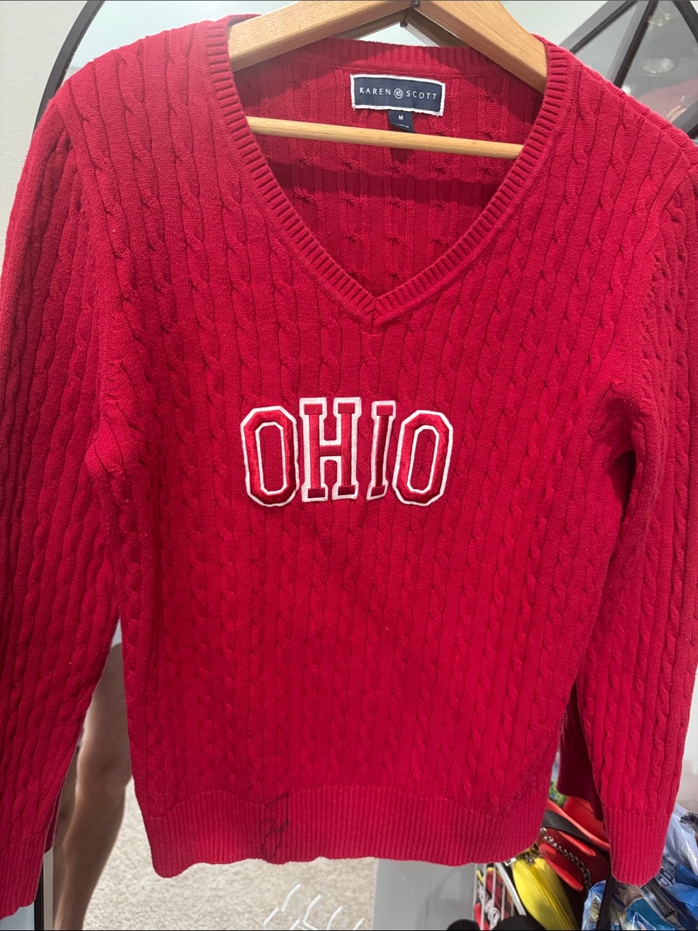Karen Scott Red Cable-Knit V-Neck Sweater with OHIO Applique